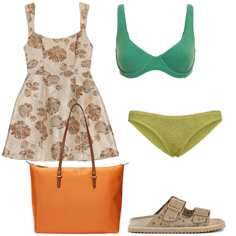 Outfit donna - Colori alternativi. Stile Sexy per Mare. Abbinamento con vestiti corti, borse tote, sandali, bikini, bikini.