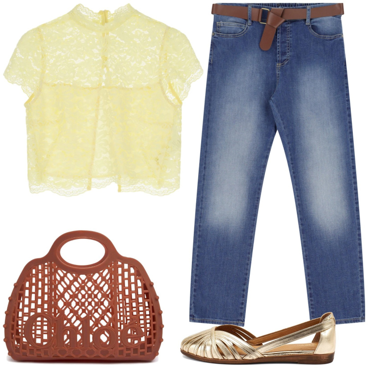 Outfit donna - Top in pizzo. Stile Glamour per Serata fuori. Abbinamento con top, jeans dritti, ballerine, borse a mano.