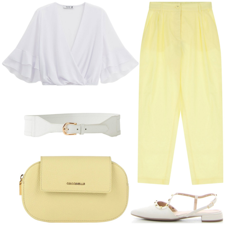 Outfit donna - Chic di giorno. Stile Casual chic per Tutti i giorni. Abbinamento con cinture, borse a mano, top, pantaloni, sandali in pelle.