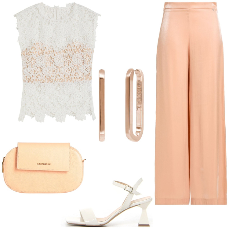 Outfit donna - Cerimonia primi di giugno. Stile Chic per Cerimonia. Abbinamento con top, pantaloni, borse a mano, orecchini, sandali col tacco.