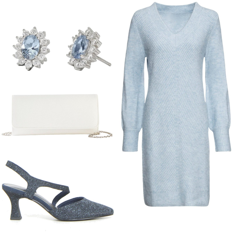 Outfit donna - Azzurro cielo. Stile Chic per Cerimonia. Abbinamento con vestiti, pochette, orecchini, décolleté.
