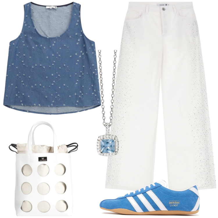 Outfit donna - Easy comfy. Stile Casual per Tutti i giorni. Abbinamento con borse a mano, collane, pantaloni, top, sneakers.