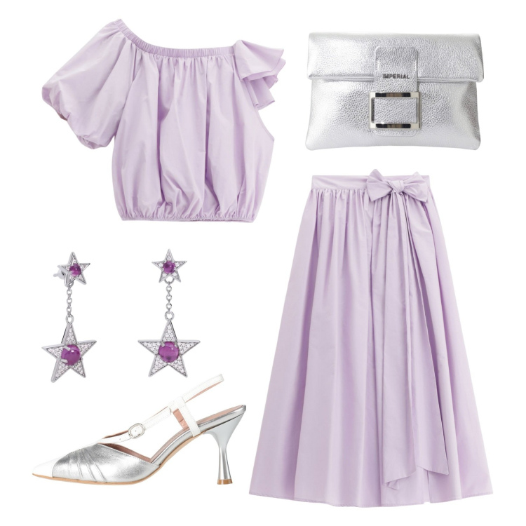 Outfit donna - Cerimonia all\' aperto!. Stile Romantica per Cerimonia. Abbinamento con décolleté, orecchini, gonne lunghe, top, pochette.