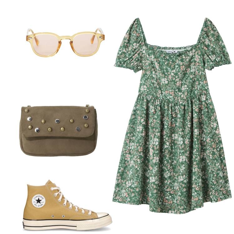 Outfit donna - Il vestito fresco. Stile Preppy per Scuola/Università. Abbinamento con vestiti corti, occhiali da sole, borse a tracolla, sneakers.