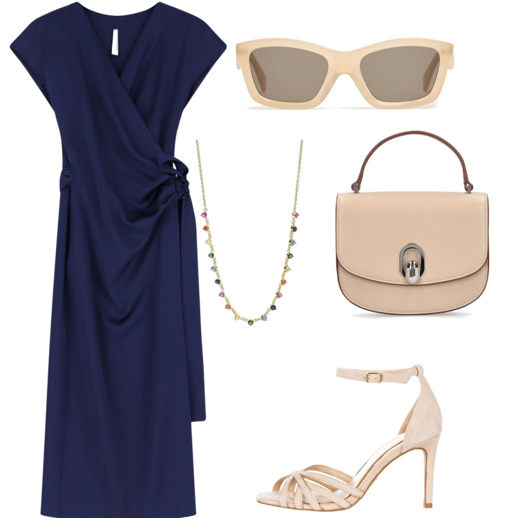 Outfit donna - Il vestito blu. Stile Chic per Cerimonia. Abbinamento con vestiti midi/longuette, collane, sandali col tacco, borse a mano, occhiali da sole.