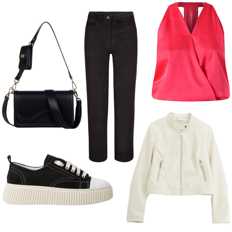 Outfit donna - Total look #2174683. Stile Rock per Serata fuori. Abbinamento con pochette, top, sneakers, giacche, pantaloni.