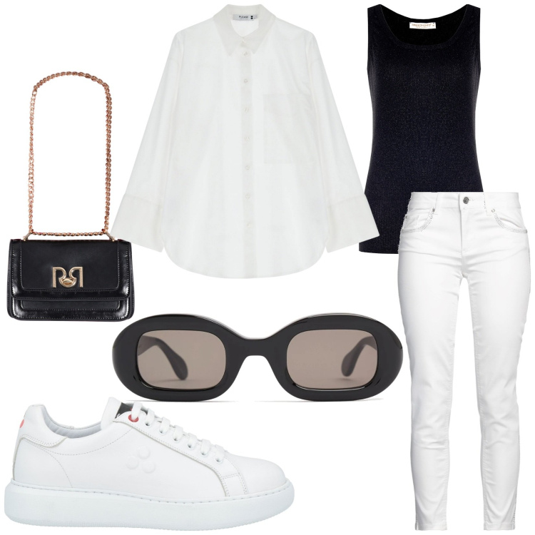 Outfit donna - Casual. Stile Casual per Tutti i giorni. Abbinamento con pantaloni, sneakers, canottiere, borse a tracolla, camicie, occhiali da sole.