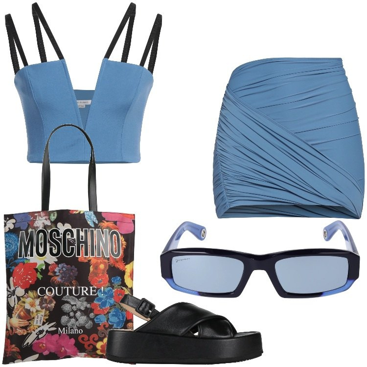 Outfit donna - Total look #2174689. Stile Sexy per Mare. Abbinamento con top, minigonne, sandali in pelle, borse a mano, occhiali da sole.