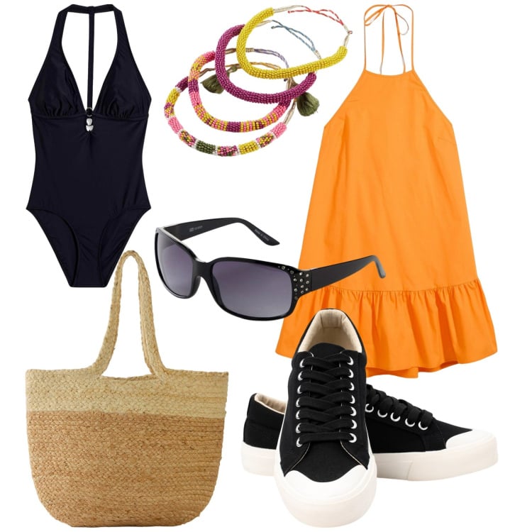 Outfit donna - Pronta per la spiaggia. Stile Basic per Mare. Abbinamento con costumi interi, shopping bag, vestiti corti, braccialetti, occhiali da sole, sneakers.