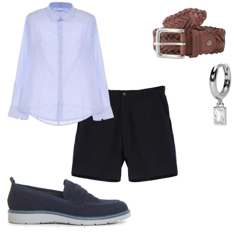 Outfit uomo - Serata fuori. Stile Trendy per Tutti i giorni. Abbinamento con orecchini, cinture, camicie, bermuda, scarpe stringate.