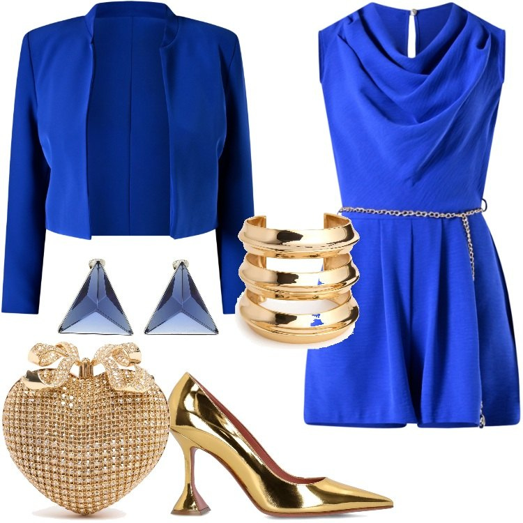 Outfit donna - Uscita in blu e oro. Stile Glamour per Serata fuori. Abbinamento con orecchini, tuta corta, blazer, pochette, décolleté, braccialetti.