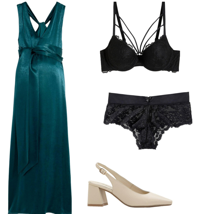 Outfit donna - Vestito lungo ottanio. Stile Romantica per Cerimonia. Abbinamento con culotte, décolleté, vestiti, slip.