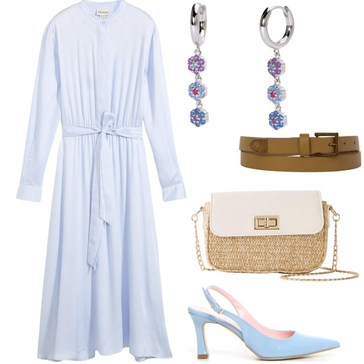 Outfit donna - Deliziosa in azzurro. Stile Bon Ton per Cerimonia. Abbinamento con shopping bag, vestiti chemisier, orecchini, cinture, décolleté.