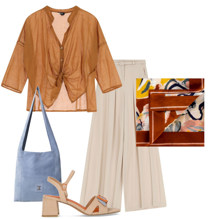 Outfit donna - Foulard in seta. Stile Etnico per Serata fuori. Abbinamento con foulard, pantaloni, borse a tracolla, camicie, sandali col tacco.
