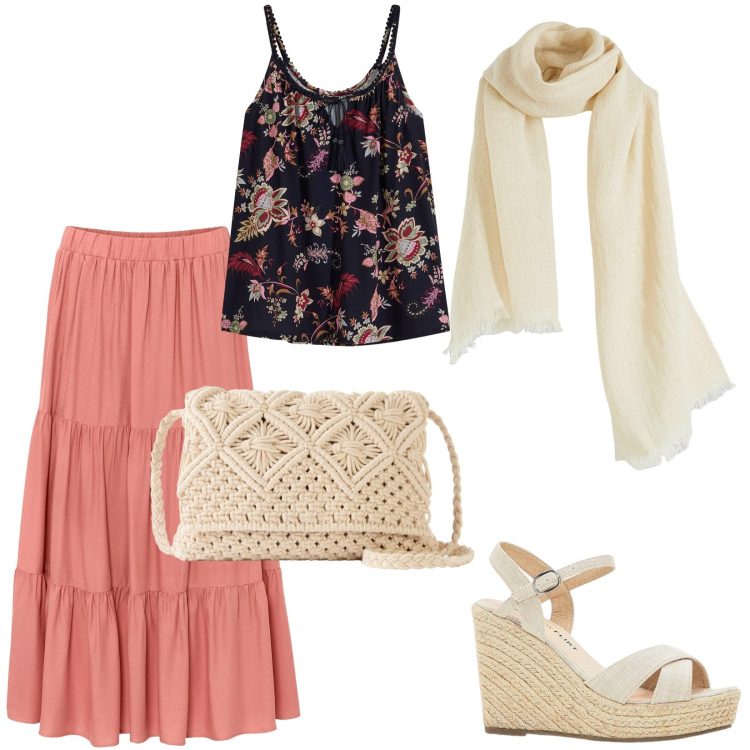 Outfit donna - Serata estiva. Stile Romantica per Serata fuori. Abbinamento con gonne longuette, sandali, top, sciarpe, borse a tracolla.