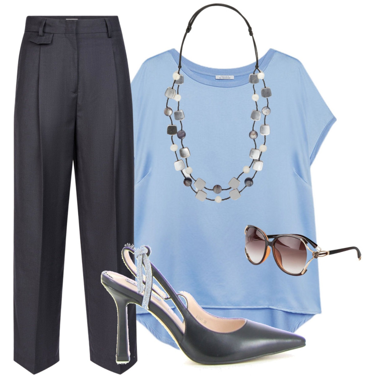 Outfit donna - Ufficio. Stile Casual chic per Ufficio. Abbinamento con occhiali da sole, décolleté, bluse, pantaloni, collane.