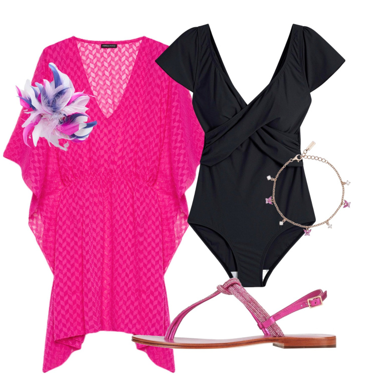 Outfit donna - In spiaggia. Stile Romantica per Mare. Abbinamento con costumi interi, infradito, braccialetti, caftani, accessori per capelli.