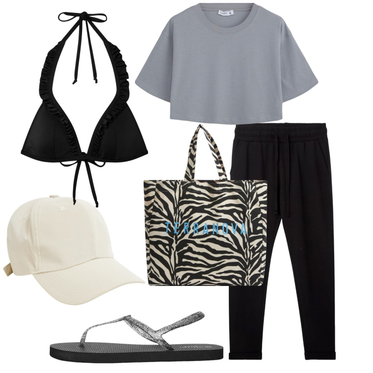 Outfit donna - Terranova. Stile Casual per Mare. Abbinamento con pantaloni, borse tote, bikini, cappelli, t-shirt, ciabatte.