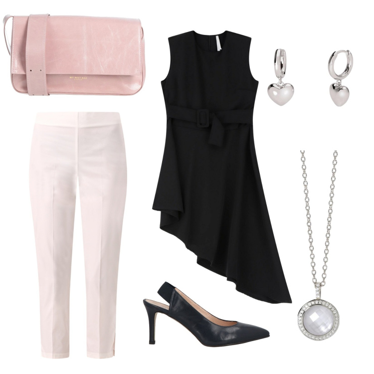 Outfit donna - Pink Lady. Stile Bon Ton per Serata fuori. Abbinamento con borse a tracolla, décolleté, pantaloni skinny, collane, orecchini, vestiti corti.