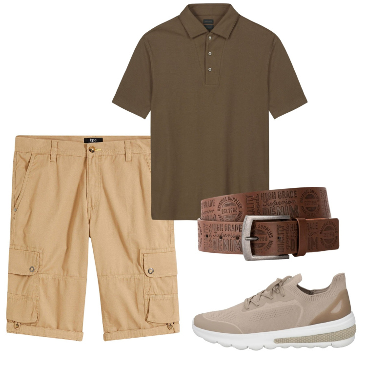 Outfit uomo - Caramello. Stile Casual per Tutti i giorni. Abbinamento con cinture, bermuda, sneakers, polo.