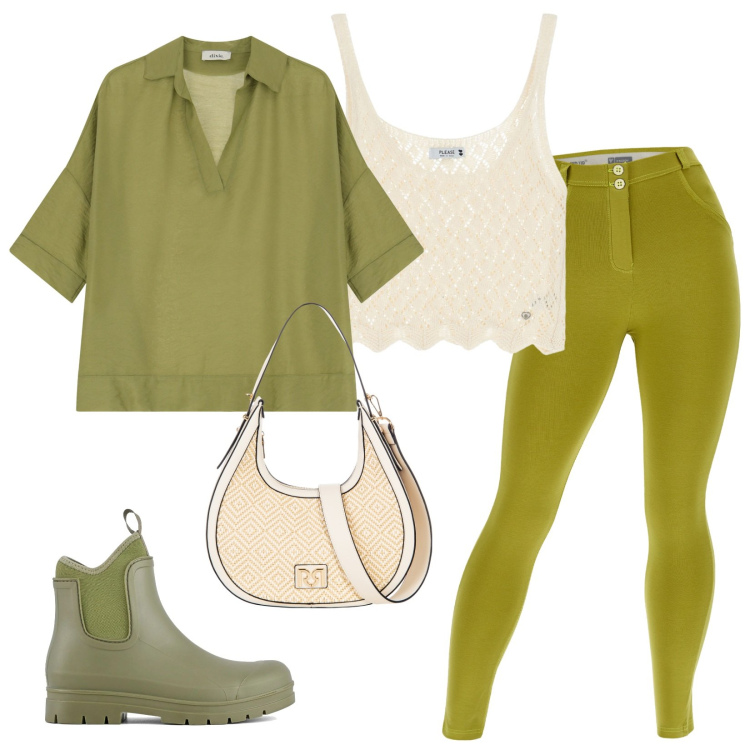 Outfit donna - Super Oliv-Lime. Stile Casual per Tutti i giorni. Abbinamento con borse a mano, top, pantaloni skinny, bluse, stivali.