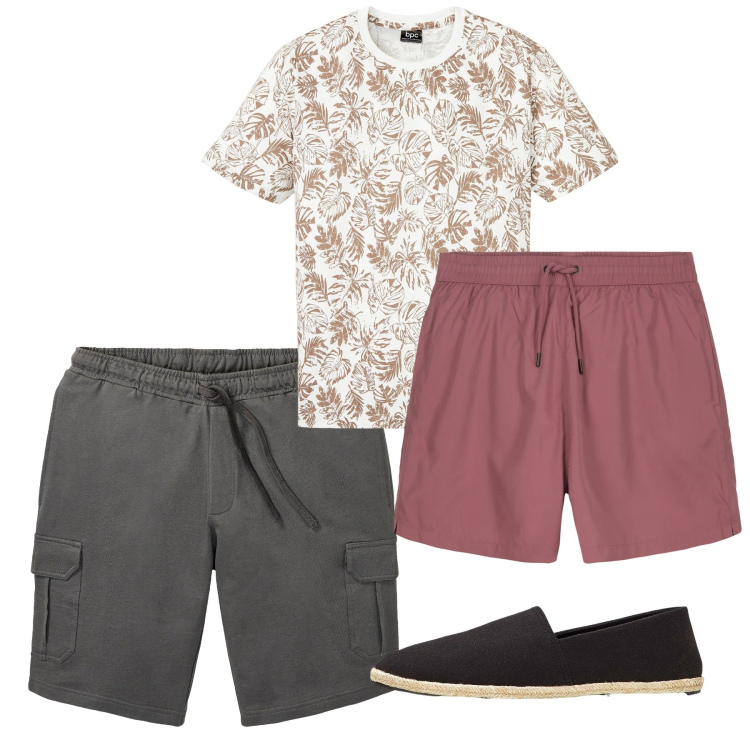 Outfit uomo - Al mare. Stile Casual per Tutti i giorni. Abbinamento con espadrillas, t-shirt, bermuda, costumi.