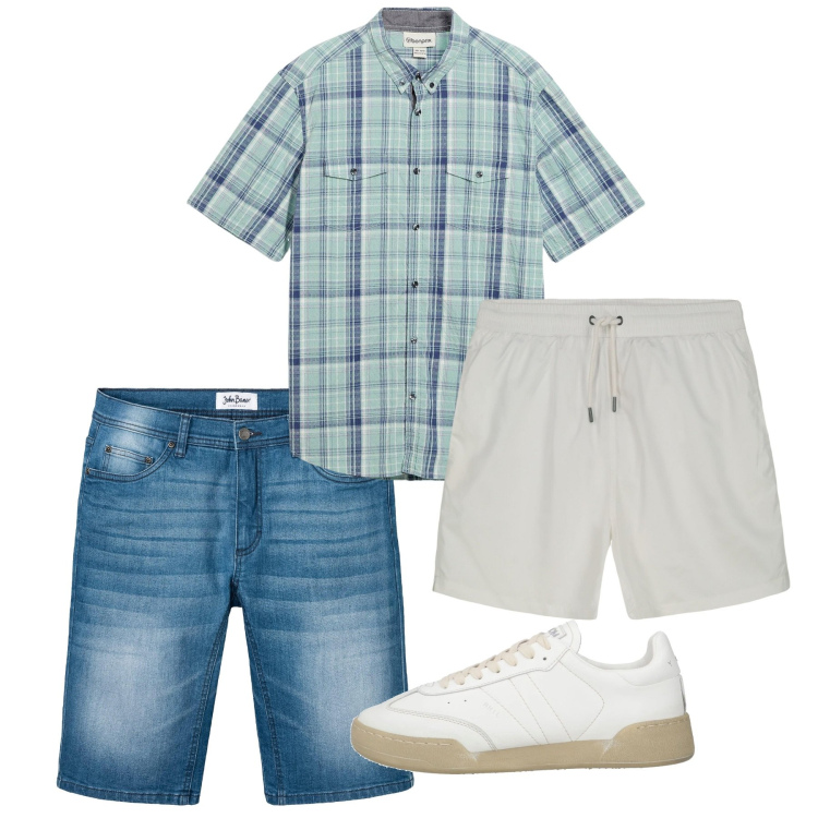 Outfit uomo - Jeans e costume. Stile Casual per Mare. Abbinamento con bermuda, camicie a manica corta, sneakers, costumi.