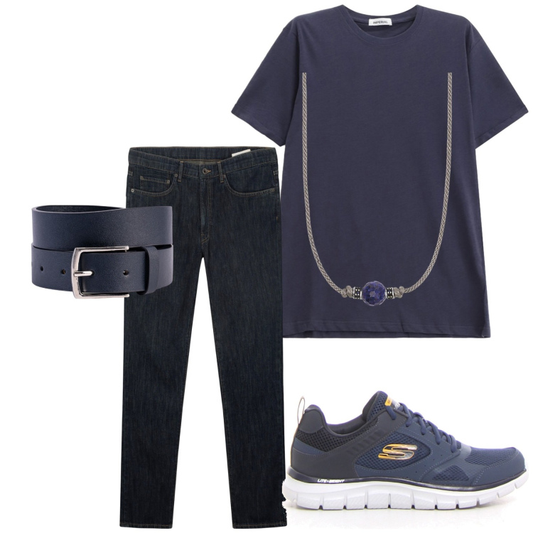 Outfit uomo - La t-shirt basic. Stile Casual per Tutti i giorni. Abbinamento con collane, t-shirt, cinture, jeans, sneakers.
