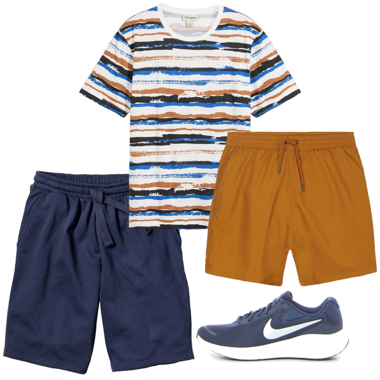 Outfit uomo - Curcuma e blu. Stile Casual per Mare. Abbinamento con bermuda, t-shirt, sneakers, costumi.