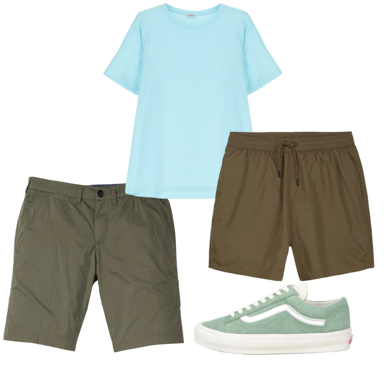 Outfit uomo - Maggio al mare. Stile Casual per Tutti i giorni. Abbinamento con bermuda, sneakers, t-shirt, costumi.
