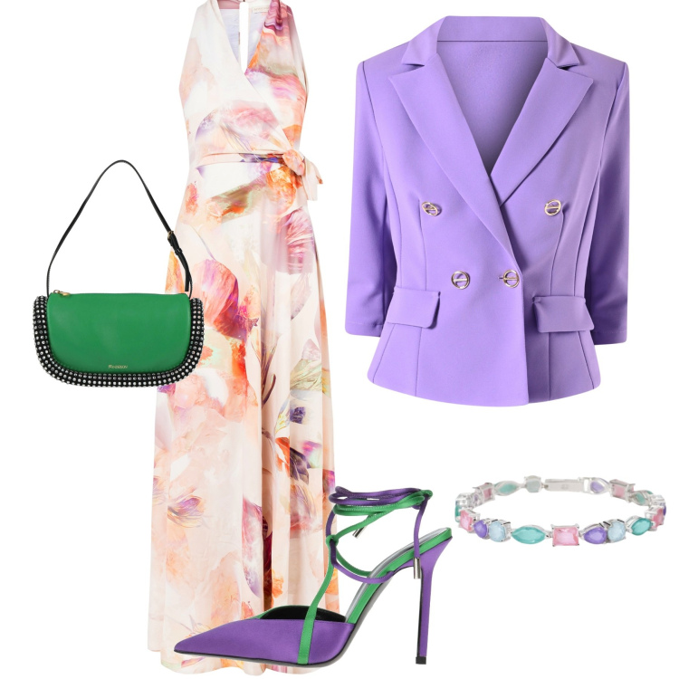 Outfit donna - Cerimonia in viola. Stile Chic per Cerimonia. Abbinamento con décolleté, borse a mano, braccialetti, vestiti lunghi, blazer.