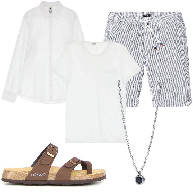 Outfit uomo - Vacanze sul Mediterraneo. Stile Casual per Mare. Abbinamento con bermuda, collane, camicie, t-shirt, sandali.