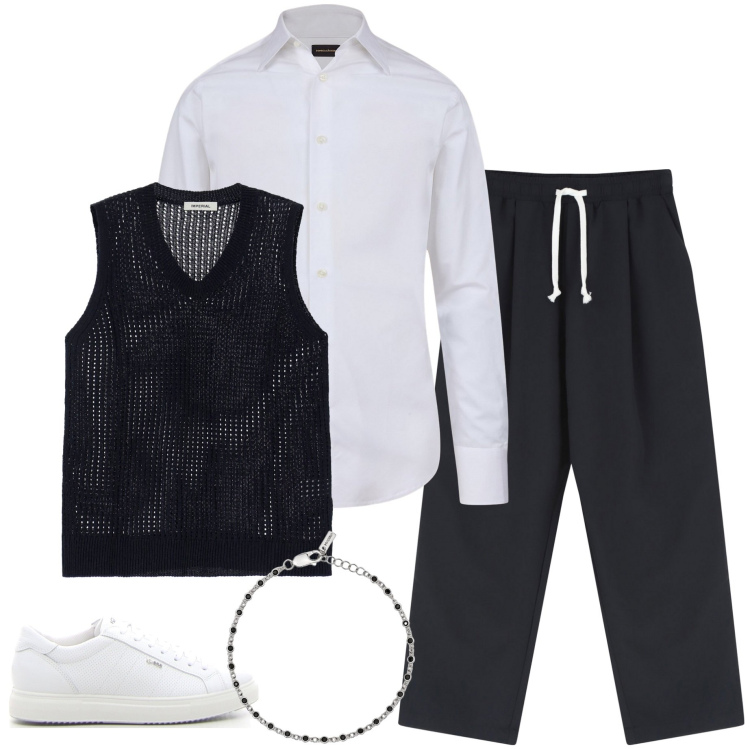 Outfit uomo - Black and White. Stile Casual per Serata speciale. Abbinamento con braccialetti, pantaloni, gilet, camicie, sneakers.