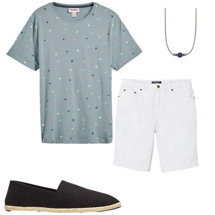 Outfit uomo - Casual style. Stile Casual per Tutti i giorni. Abbinamento con espadrillas, bermuda, t-shirt, collane.