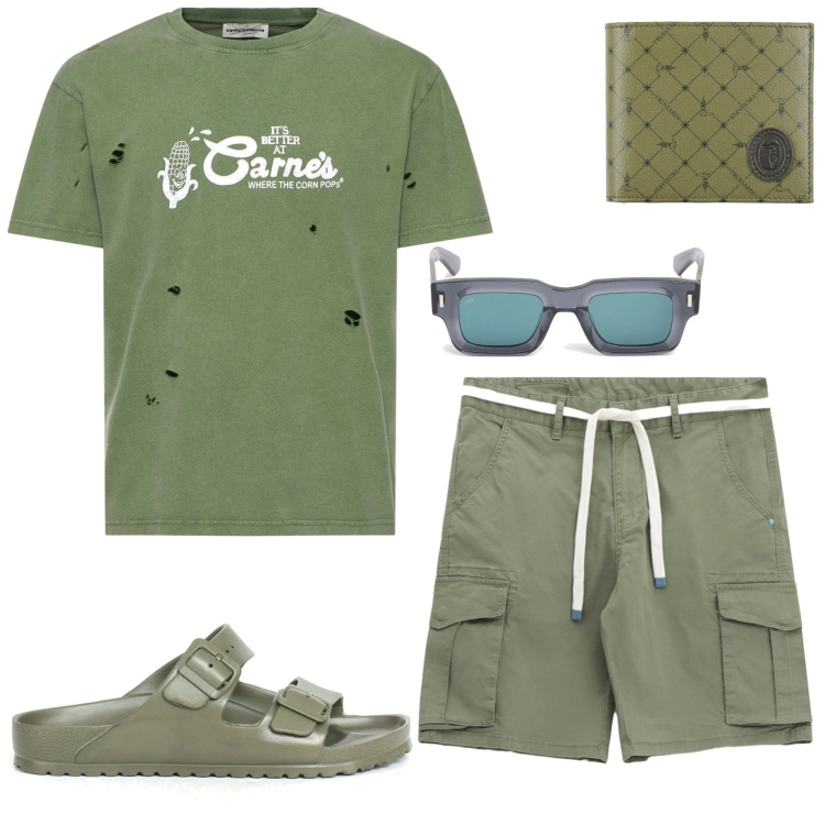Outfit uomo - Verde militare. Stile Casual per Mare. Abbinamento con portafogli, bermuda, occhiali da sole, t-shirt, sandali.