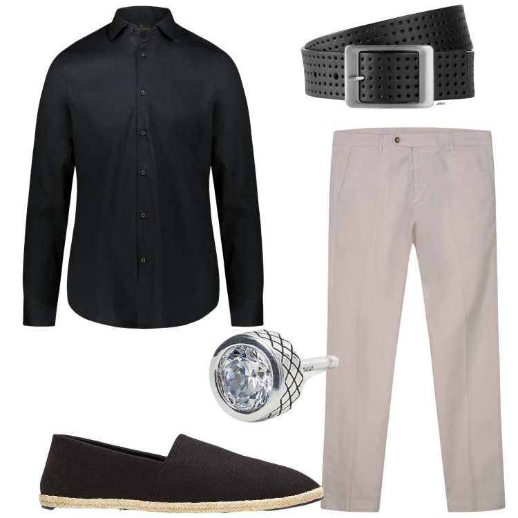 Outfit uomo - Aperitivo con gli amici. Stile Casual per Serata speciale. Abbinamento con espadrillas, cinture, orecchini, camicie, pantaloni chino.