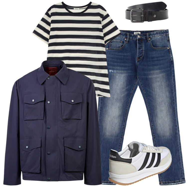 Outfit uomo - A new day. Stile Casual per Tutti i giorni. Abbinamento con t-shirt, cinture, jeans dritti, giacche, sneakers.