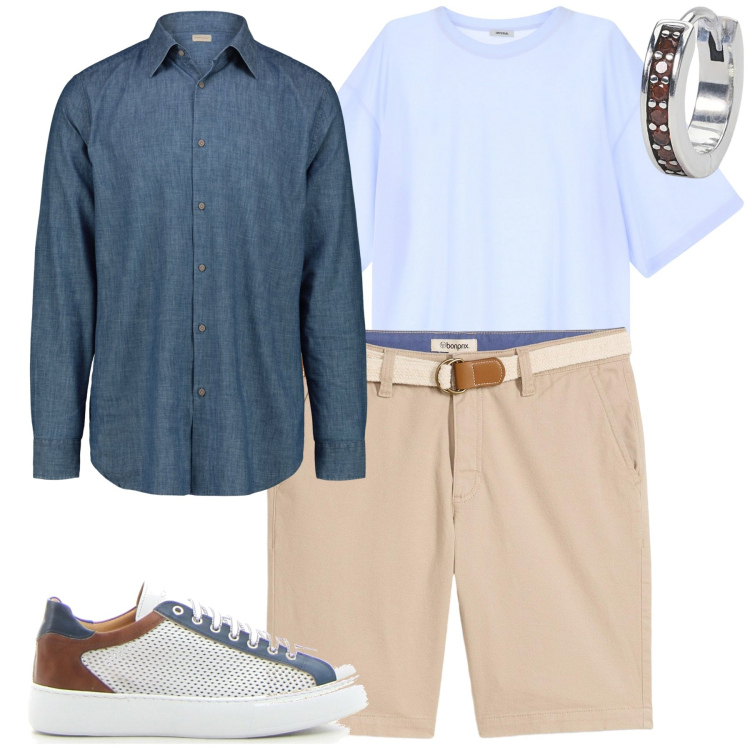 Outfit uomo - City. Stile Casual per Tutti i giorni. Abbinamento con bermuda, orecchini, t-shirt, camicie, sneakers.