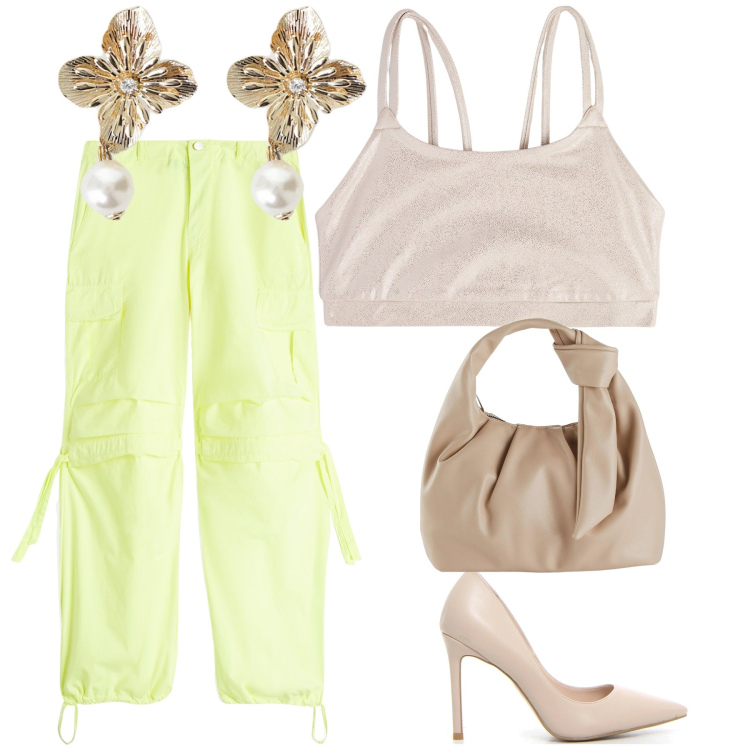 Outfit donna - Verde lime nell’ aperitivo. Stile Glamour per Serata fuori. Abbinamento con borse a mano, canottiere, pantaloni cargo, orecchini, décolleté.