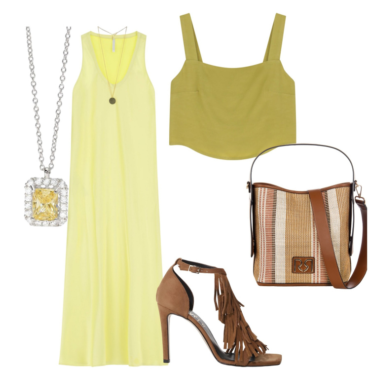 Outfit donna - Total look. Stile Urban per Ufficio. Abbinamento con collane, borse a secchiello, vestiti lunghi, décolleté, top.