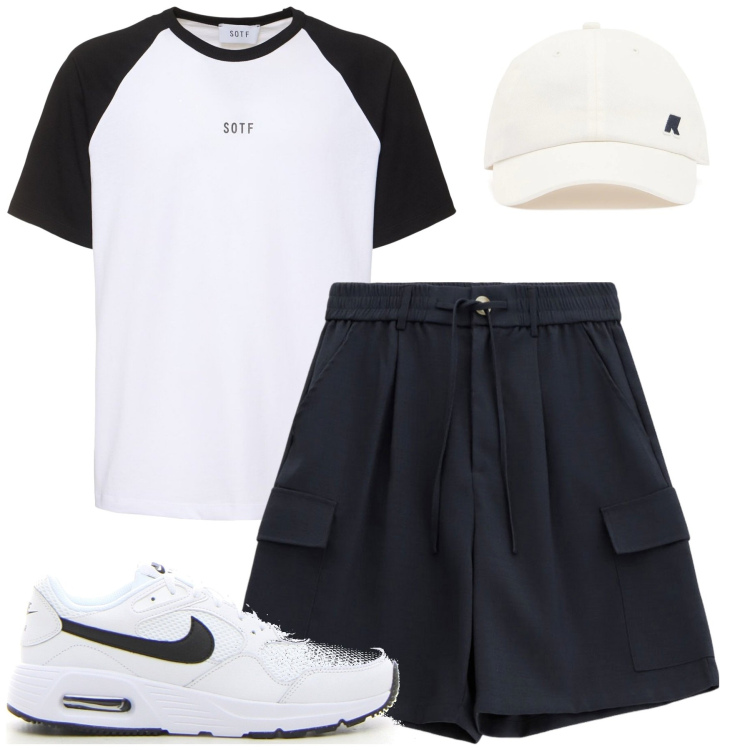 Outfit uomo - Weekend. Stile Casual per Tutti i giorni. Abbinamento con bermuda, sneakers, cappelli, t-shirt.