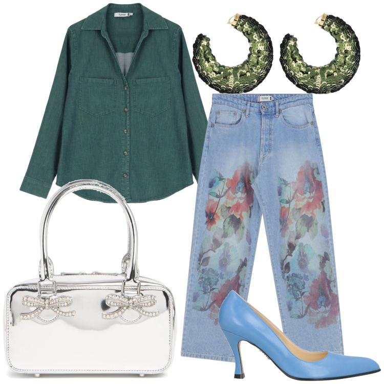 Outfit donna - Il jeans romantico. Stile Romantica per Serata fuori. Abbinamento con décolleté, jeans dritti, camicie, orecchini, borse a mano.