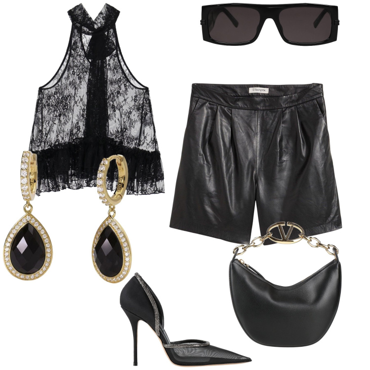 Outfit donna - Davvero sexy. Stile Sexy per Serata fuori. Abbinamento con shorts, occhiali da sole, borse a mano, décolleté, orecchini, top.