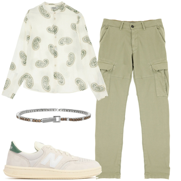 Outfit uomo - Aperitivo. Stile Trendy per Serata speciale. Abbinamento con braccialetti, pantaloni cargo, camicie, sneakers.