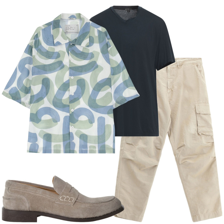 Outfit uomo - City. Stile Trendy per Tutti i giorni. Abbinamento con t-shirt, pantaloni cargo, camicie a manica corta, scarpe stringate.