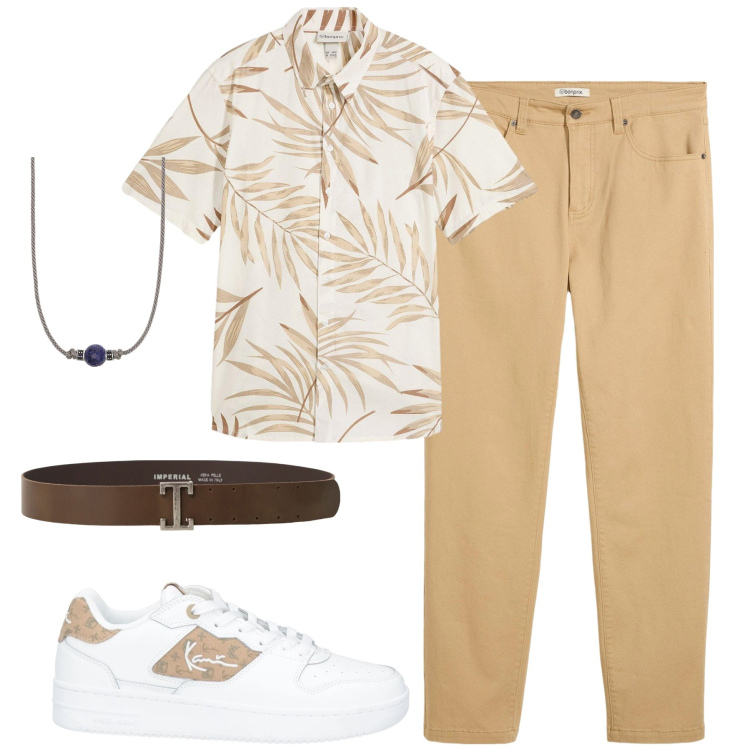 Outfit uomo - City. Stile Casual per Tutti i giorni. Abbinamento con pantaloni, camicie a manica corta, sneakers, collane, cinture.