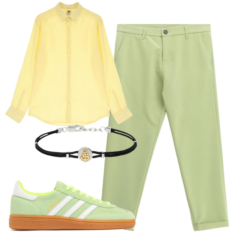 Outfit uomo - Aperitivo. Stile Trendy per Serata speciale. Abbinamento con braccialetti, pantaloni, camicie, sneakers.
