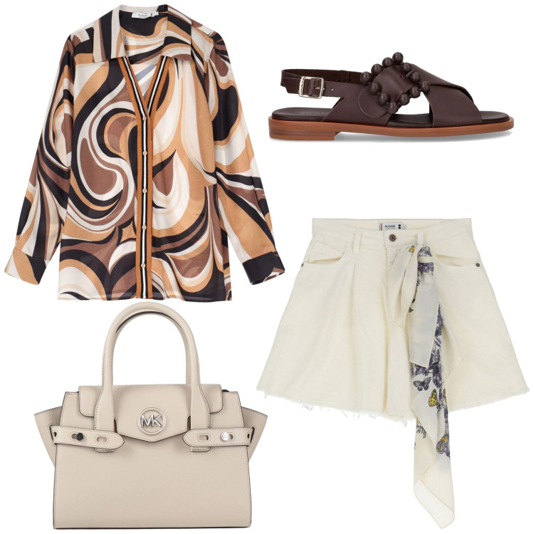 Outfit donna - Fantasie marroni. Stile Casual per Tutti i giorni. Abbinamento con borse a mano, shorts, camicie, sandali.