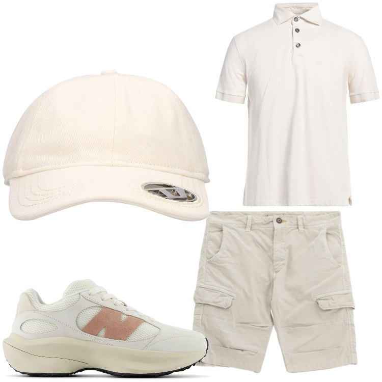Outfit uomo - Tutto chiaro. Stile Casual per Tutti i giorni. Abbinamento con polo, sneakers, bermuda, cappelli con visiera.