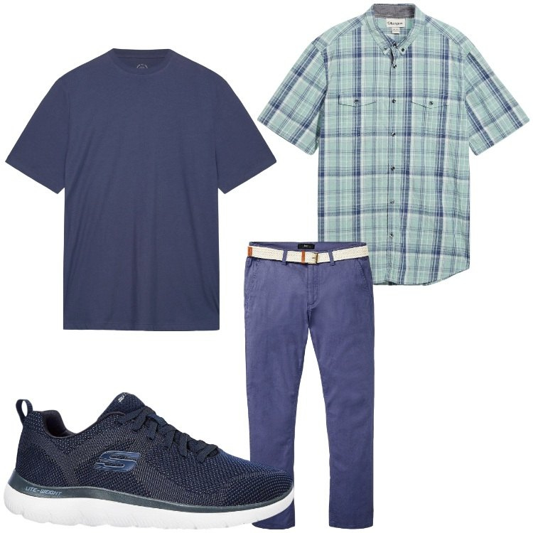 Outfit uomo - Quadretti blu. Stile Casual per Tutti i giorni. Abbinamento con pantaloni chino, sneakers, camicie a manica corta, t-shirt.